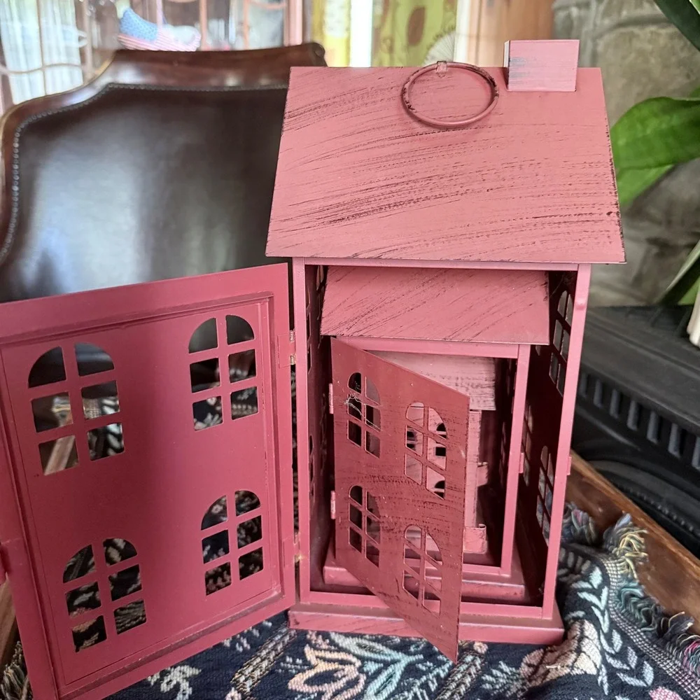 Vintage Style Metal House Lanterns Set of 3 Nesting Village Houses Terracotta